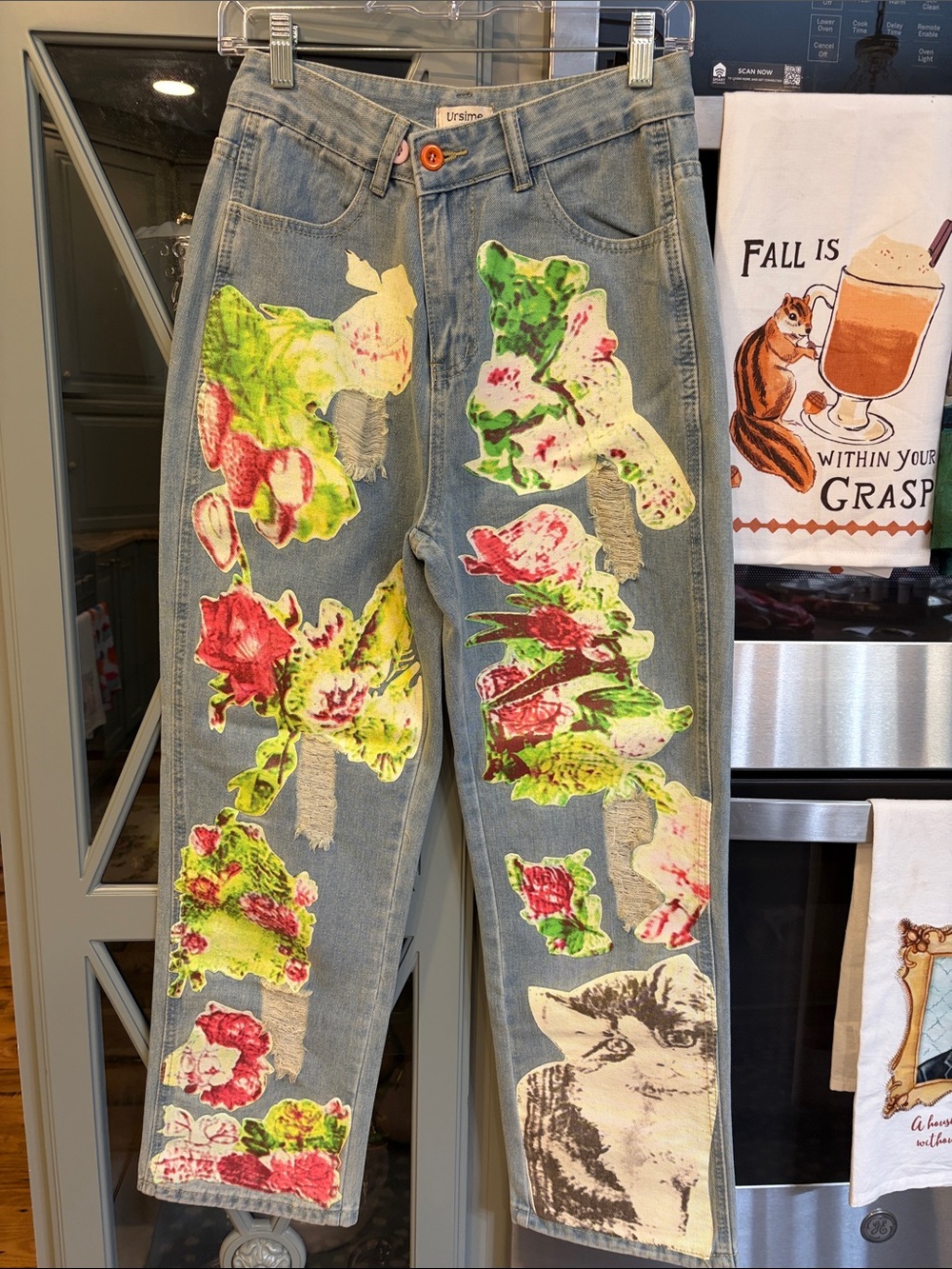 Ursime Floral Cat Floral Patchwork Jeans 4 Small